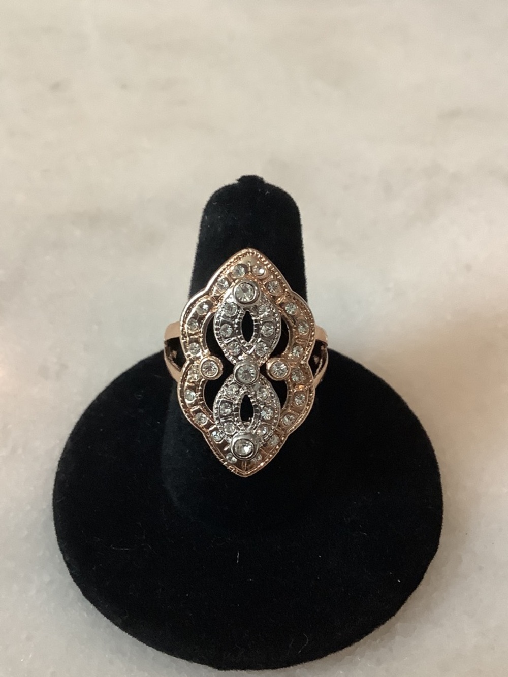 Vintage-Inspired Rose Gold Tone Filigree Crystal Statement Ring, Brand New
